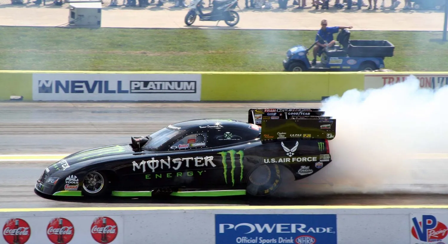 Funny car burnout at the drag strip